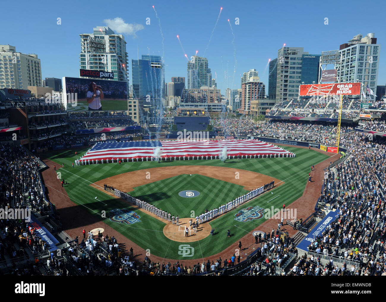 The San Diego Padres professional baseball team celebrate opening day of the season April 9, 2015 in San Diego, California. Stock Photo