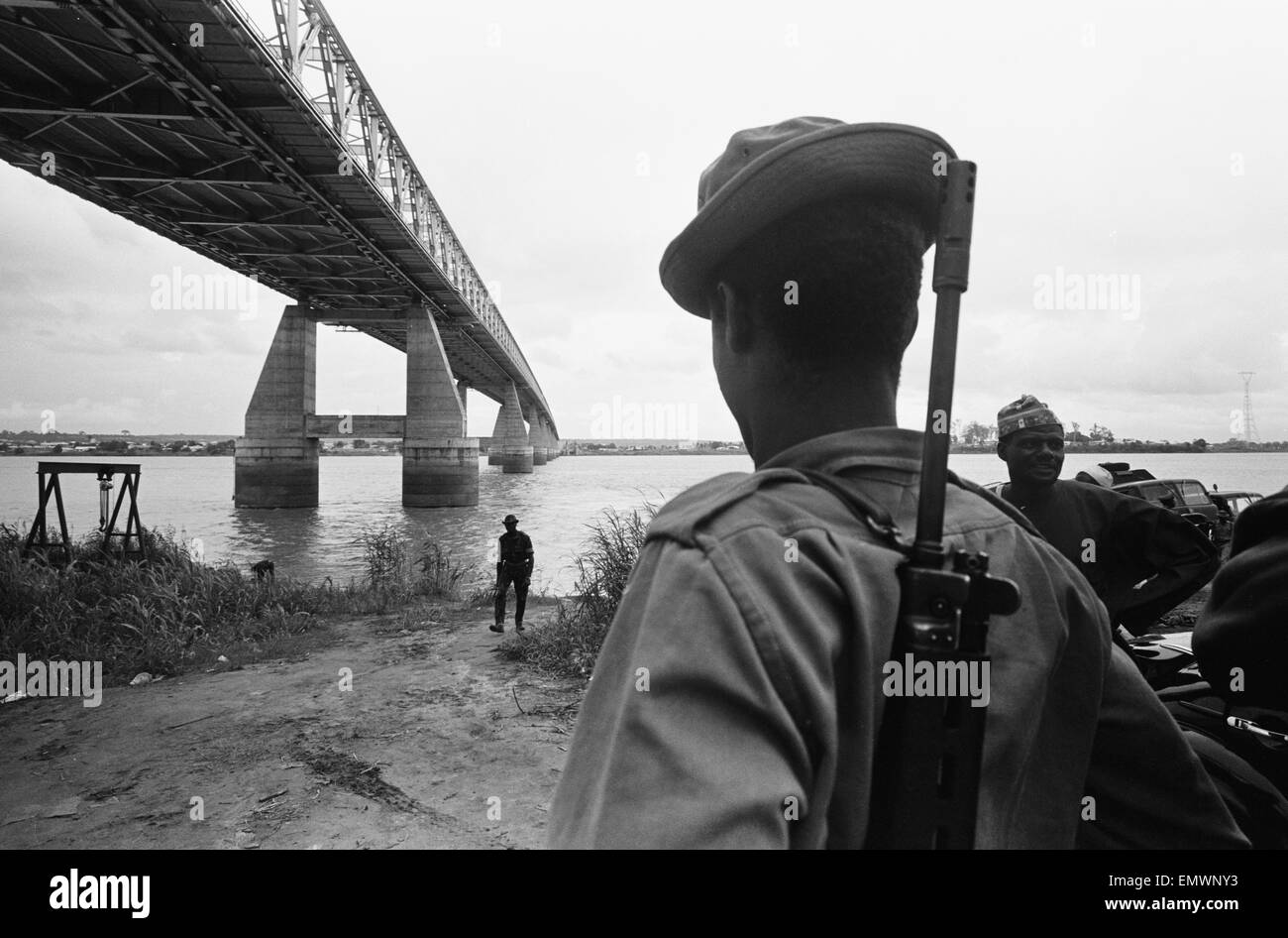 Pictures taken during the Daily Mirror's attempt to reach the refugee camps of Onitsha and Asaba during the Biafra conflict. Picture shows a Nigerian federal soldier beside the Niger Bridge which was blown up at the Onitsha side. 16th July 1968. Stock Photo