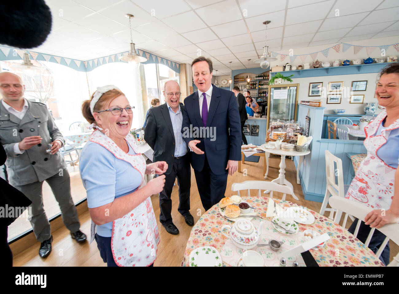 Prime Minister David Cameron's cream tea gaffe (jam before cream) in Barnstaple, Devon during the General Election campaign 2015 Stock Photo