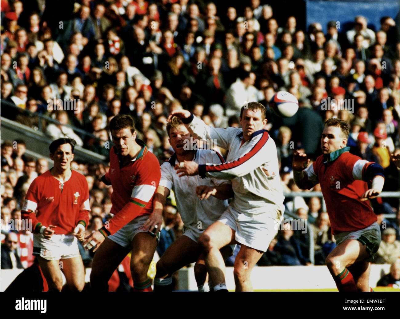 Wales v England - Left to Right - Rupert Moon, Gareth Llewellyn (Wales), Tim Rodber, Dean Richards (England) and Scott Quinnell (Wales) - 20th March 1994 Stock Photo