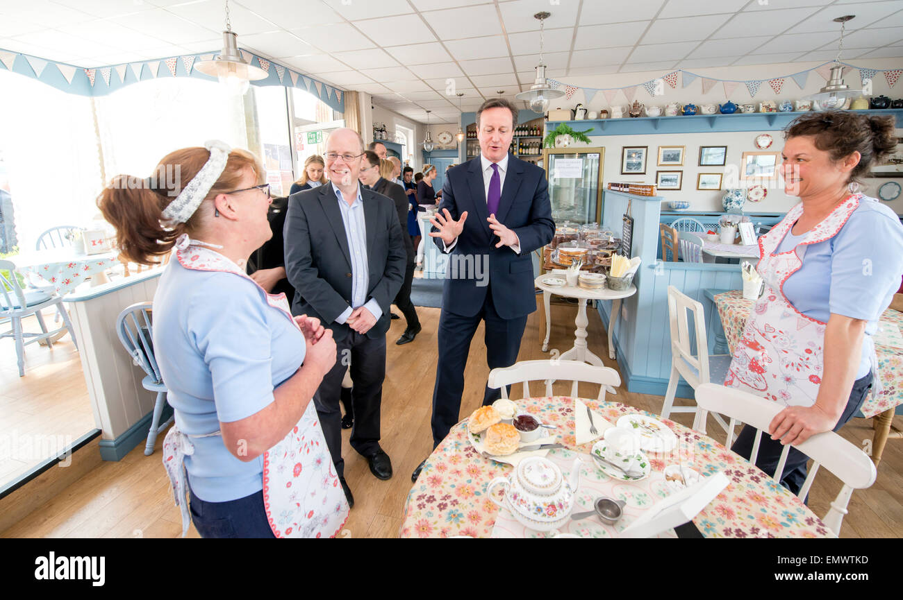 Prime Minister David Cameron's cream tea gaffe (jam before cream) in Barnstaple, Devon during the General Election campaign 2015 Stock Photo