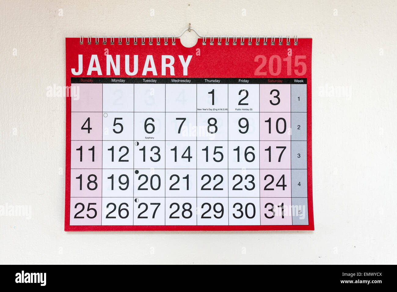 Wall calendar for month of January 2015 Stock Photo