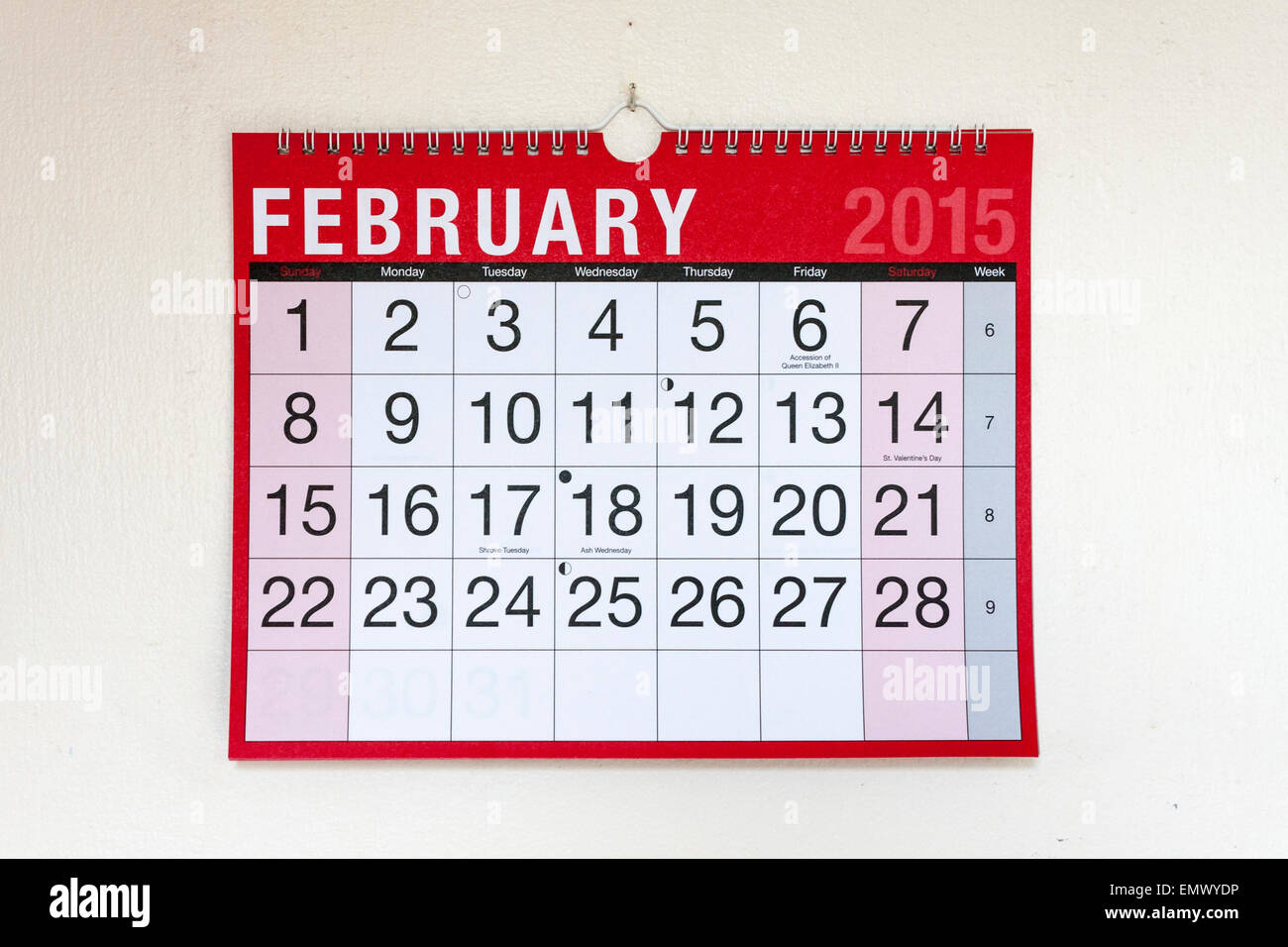 Wall calendar for month of February 2015 Stock Photo