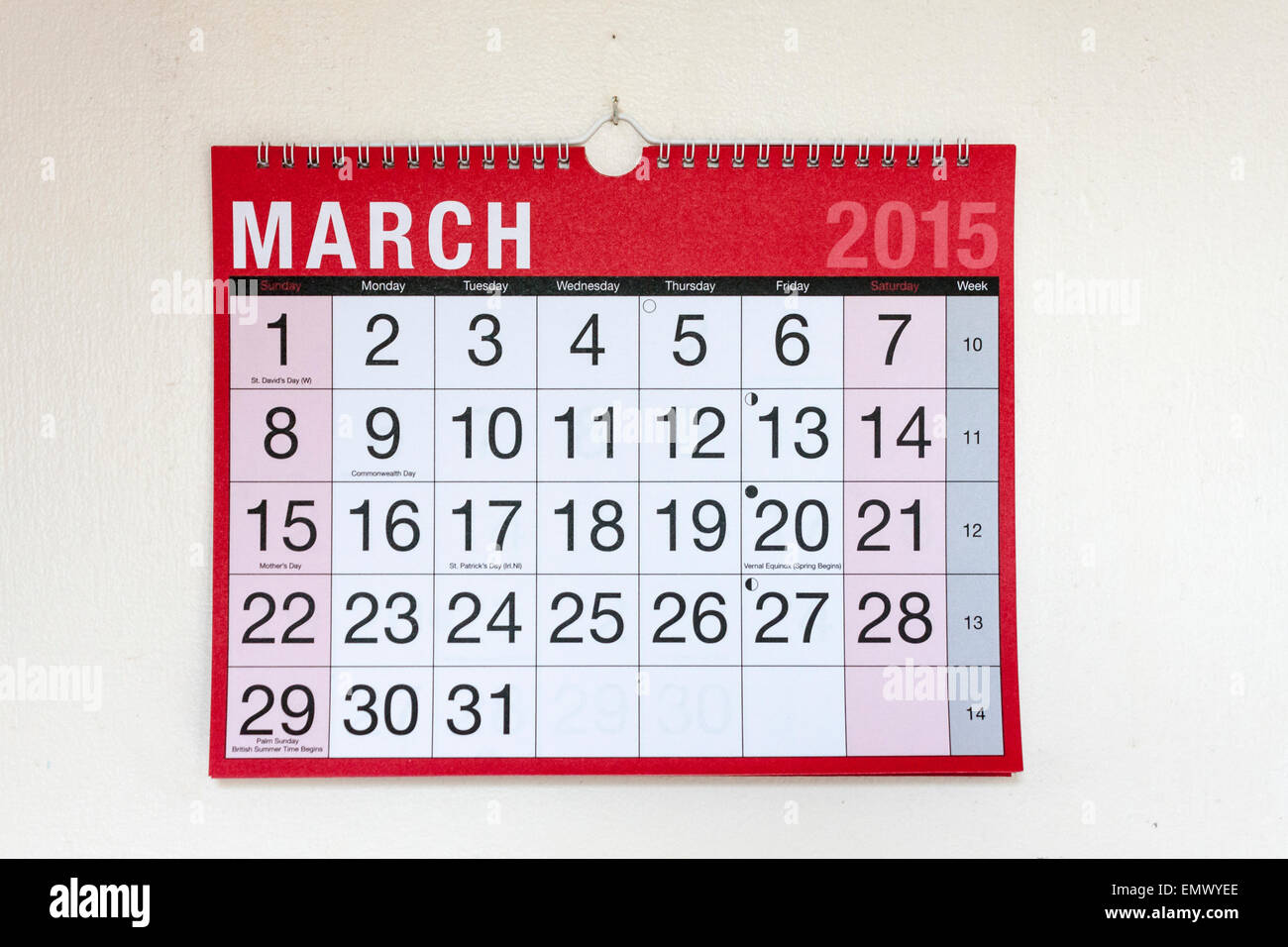 Wall calendar for month of March 2015 Stock Photo