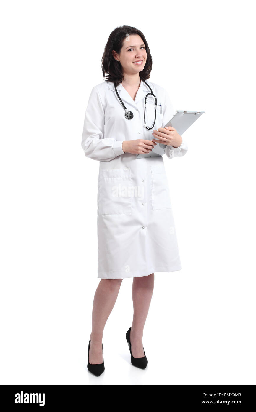 Full body of a doctor woman posing holding a medical history isolated on a white background Stock Photo