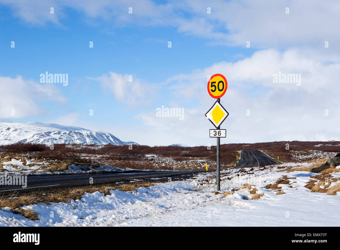Speed limit at the ringroad in Iceland in winter Stock Photo