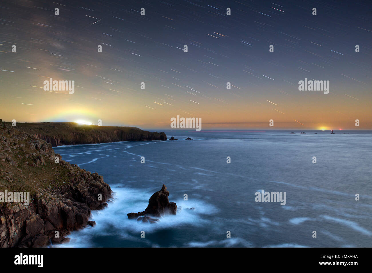 Shooting Star Star Trails Land's End; Cornwall; UK Stock Photo