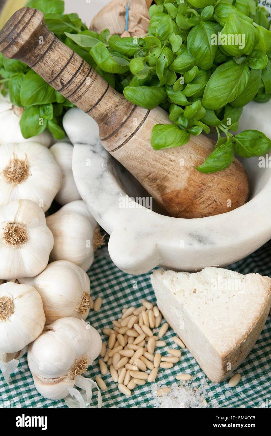 ingredients of genuine ligurian basil pesto Stock Photo Alamy