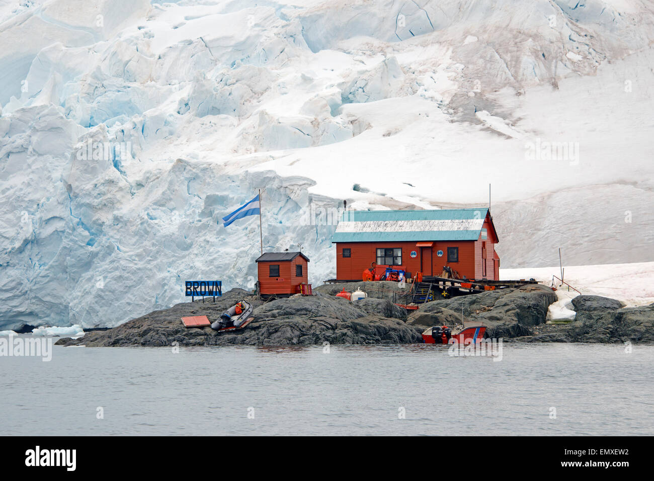 Brown Argentinian research base Paradise Bay Antarctic Peninsular Antarctica Stock Photo
