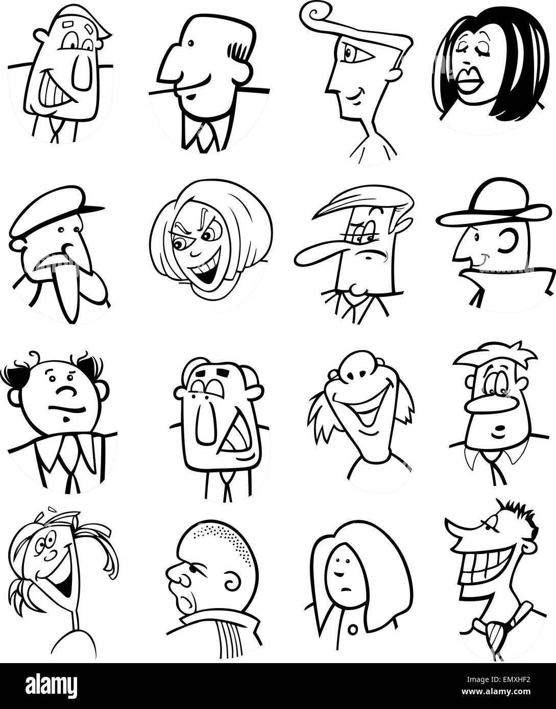 Black and White Cartoon Illustration of People Characters Faces Set ...