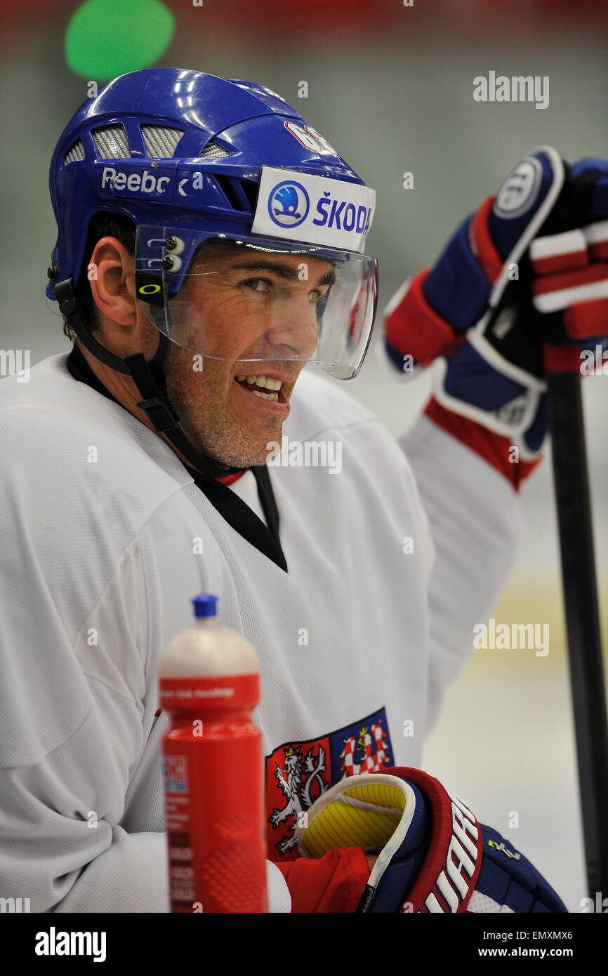 Czech National Hockey Team player Jaromir Jagr rests during a training