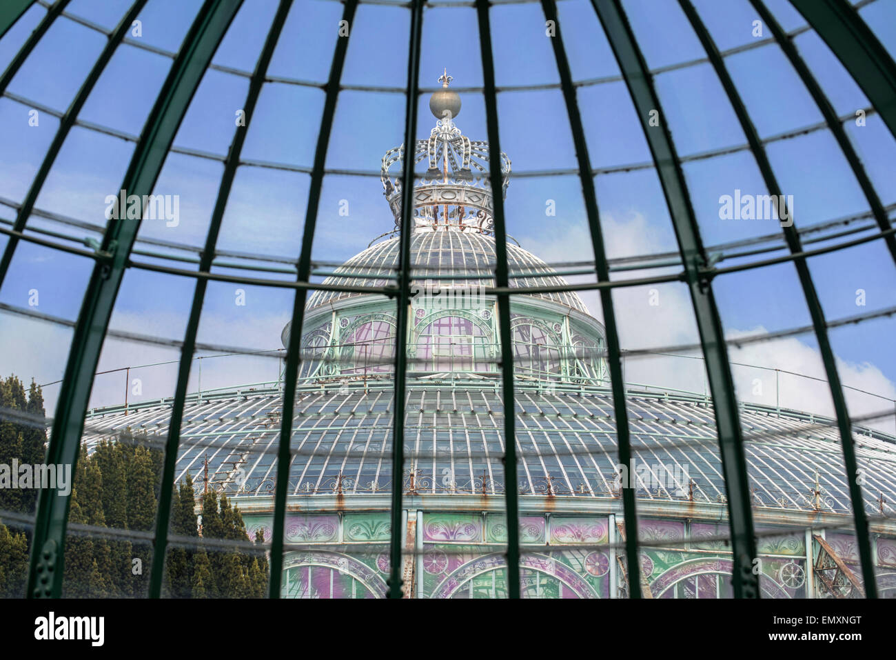Dome of the Jardin d'hiver / Winter Garden in Art Nouveau style by Alphonse Balat, at the Royal Greenhouses of Laeken Belgium Stock Photo