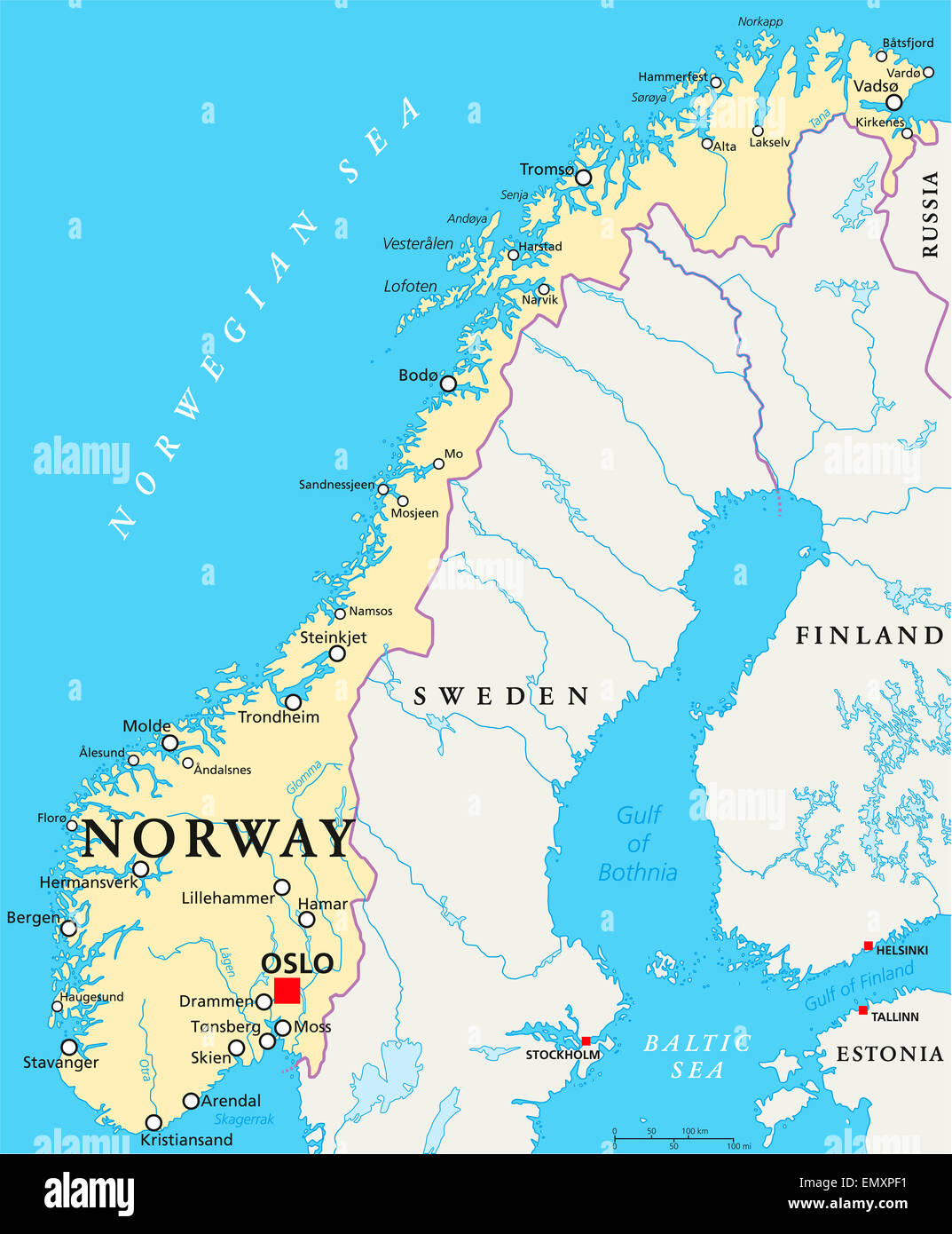 Norway Political Map with capital Oslo, national borders, important cities,  rivers and lakes. English labeling and scaling Stock Photo - Alamy