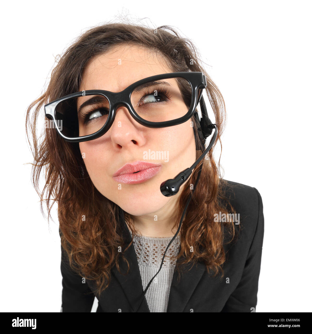Funny telephone operator agent thinking and looking sideways isolated