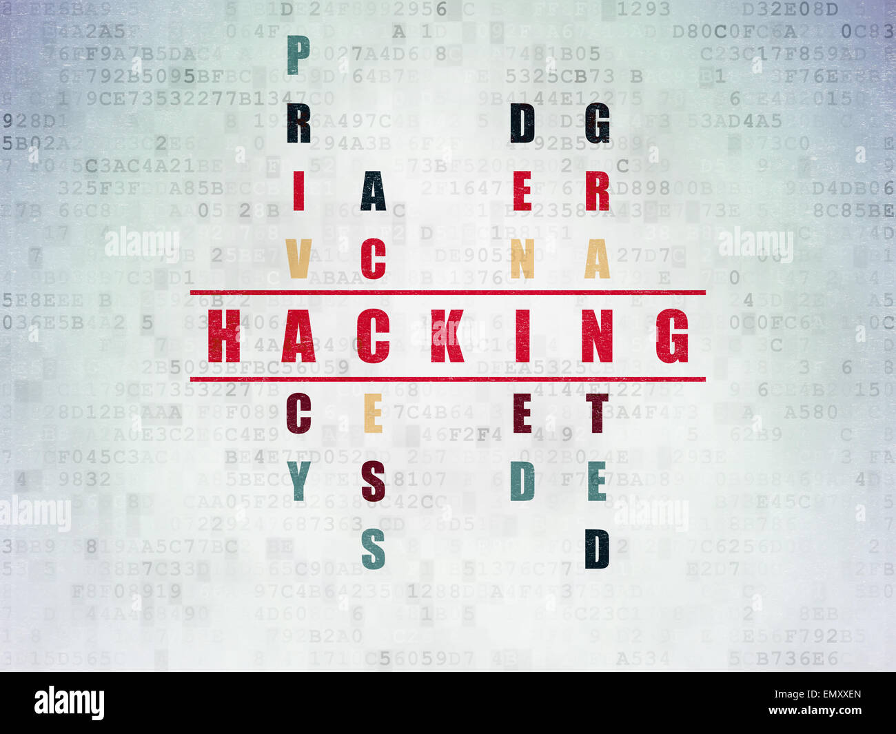 Privacy concept word Hacking in solving Crossword Puzzle Stock Photo