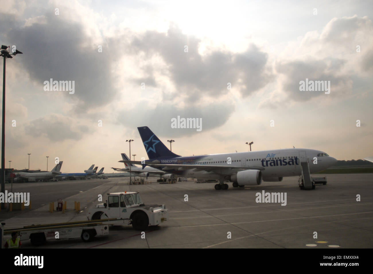 An Air Transat plane on the ground at Pierre Elliott Trudeau International Airport in Montreal, Que. Stock Photo