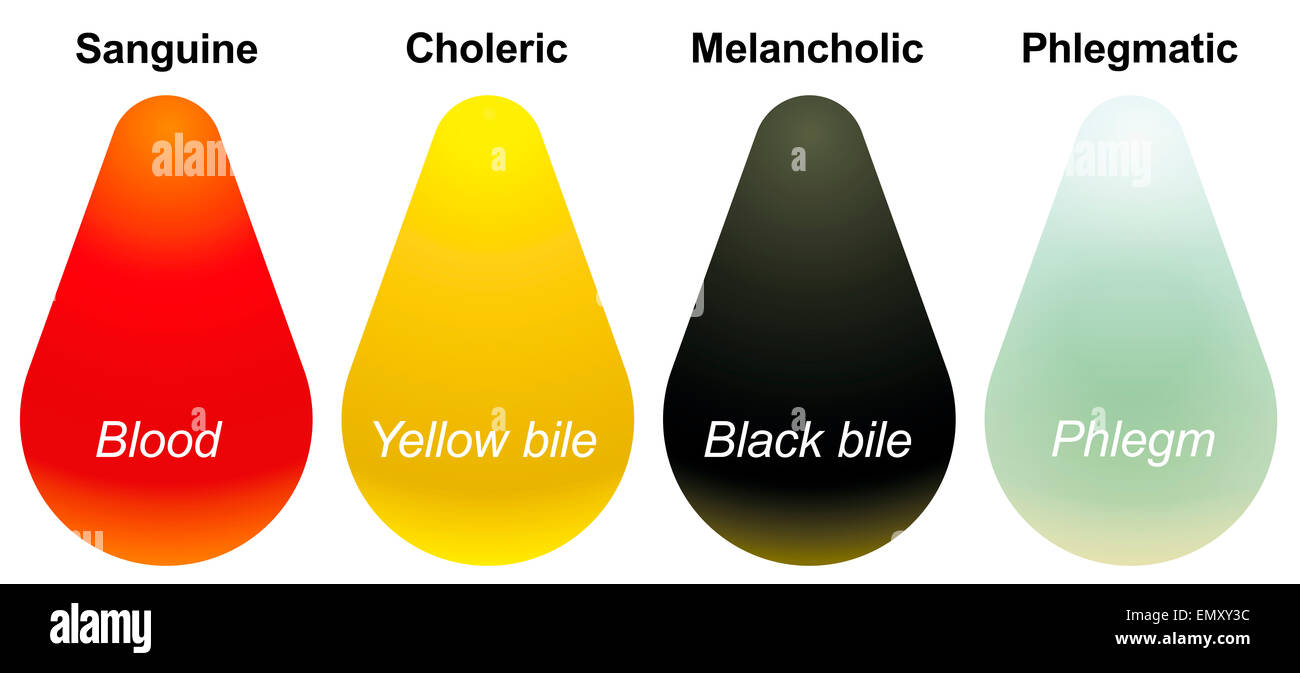 The four temperaments - sanguine, choleric, melancholic and phlegmatic -  and their corresponding humors or bodily liquids Stock Photo - Alamy