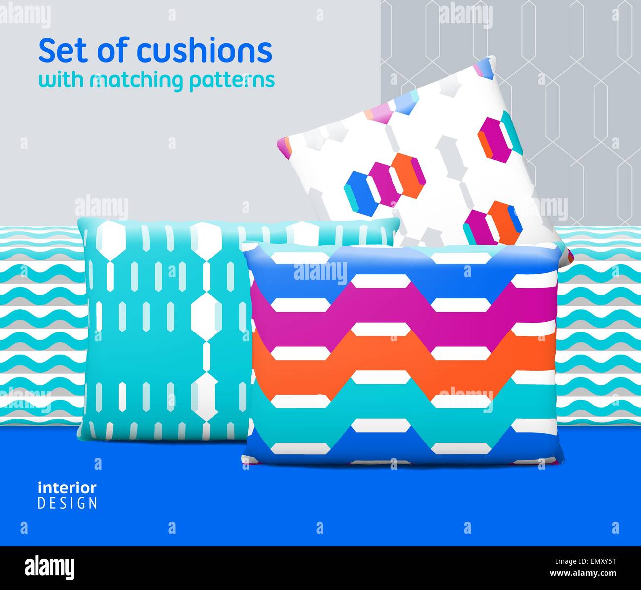 Set of cushions and pillows with matching seamless patterns. Interior