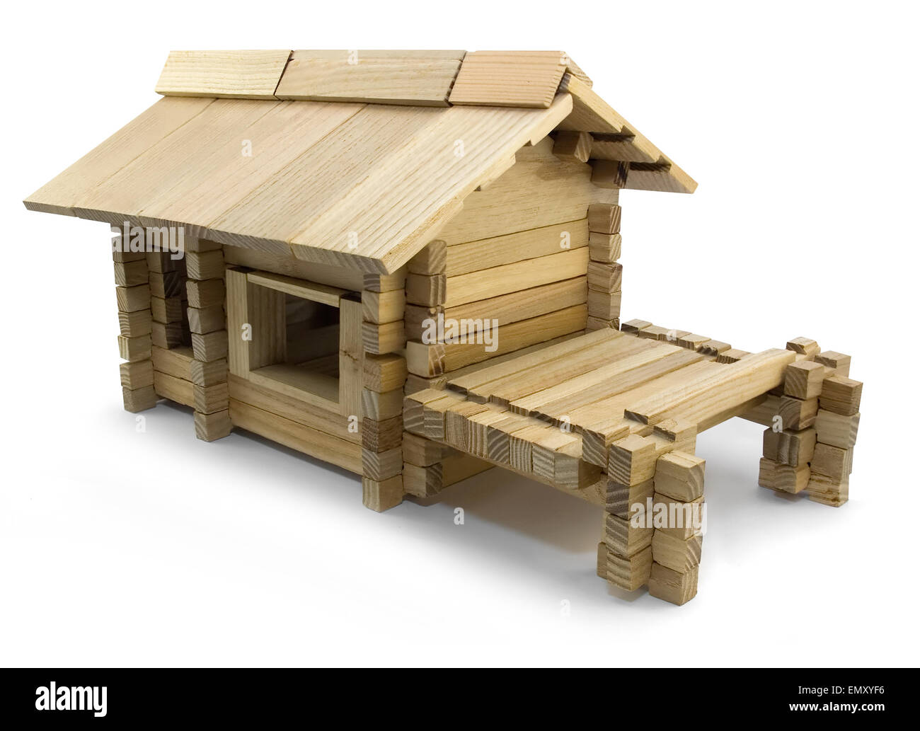 Wooden house toy. Isolated wooden toy house with pier angle view Stock