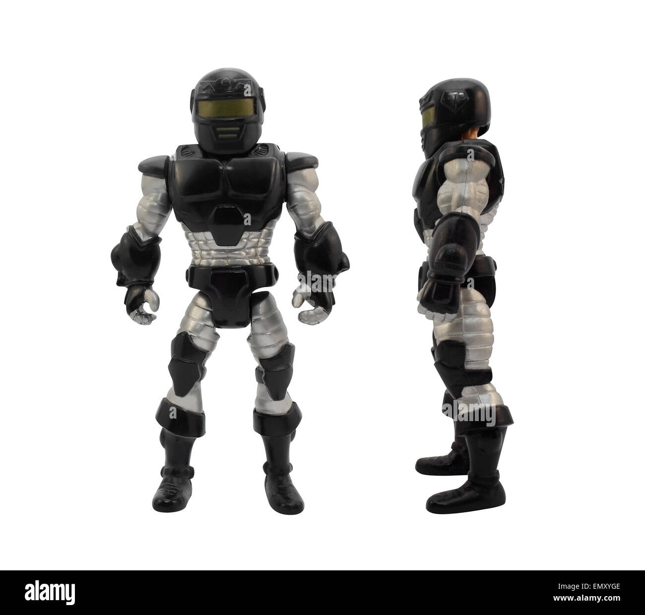 Armored soldier.Isolated armored toy soldier in black futuristic suit standing. Stock Photo