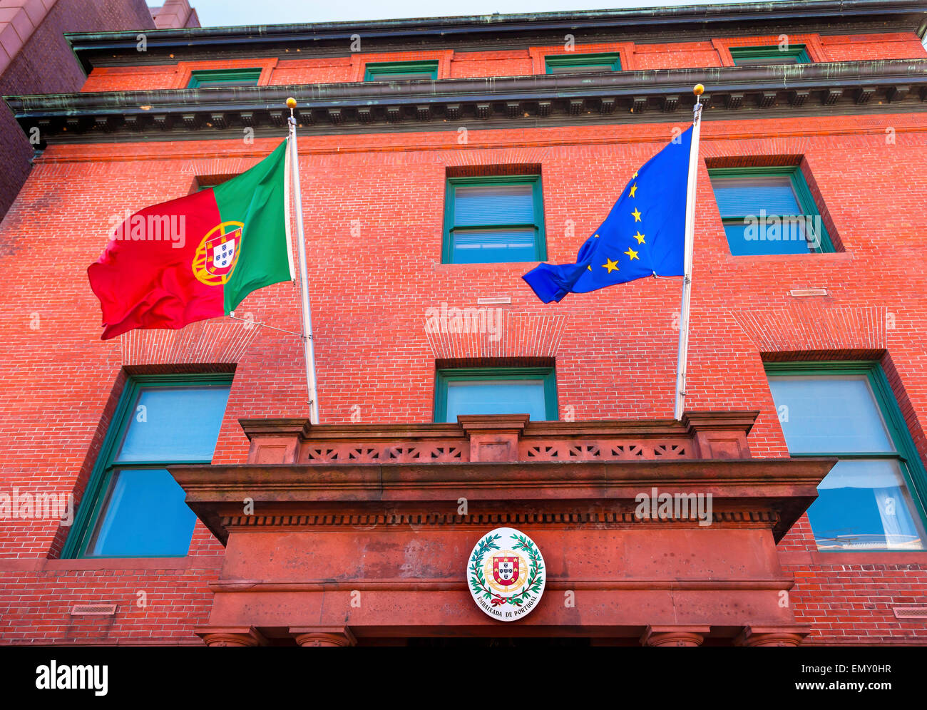 Portugal Embassy Seal EC and Portuguese Flags Symbol Embassy Row Massachusetts Avenue Washington DC Stock Photo