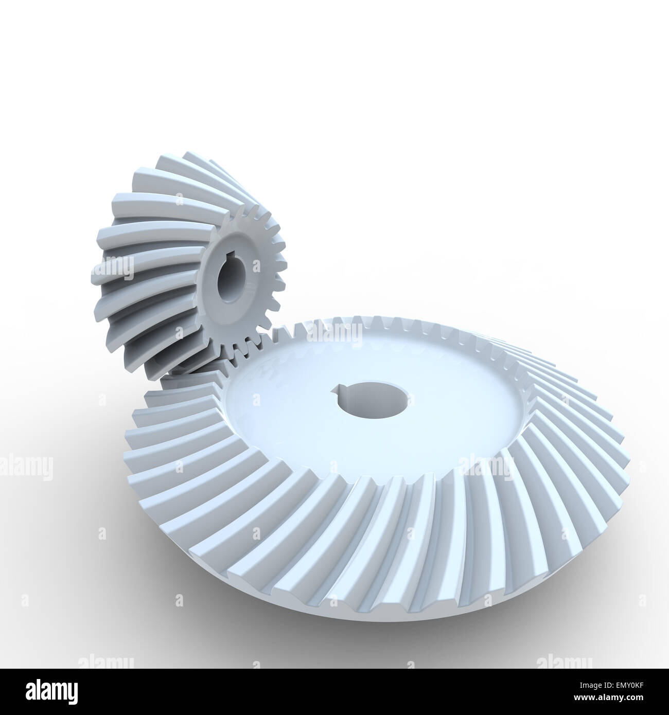 white nylon plastic crown and pinion spiral bevel gears on a white background Stock Photo