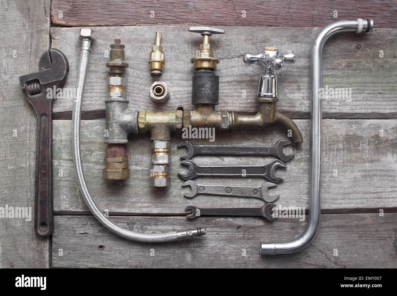 Plumber Table Components Old Rusty Plumber Pipes Crane Tubes Spanner Set Water Taps Laying On Dirty Old Wooden Table Stock Photo Alamy