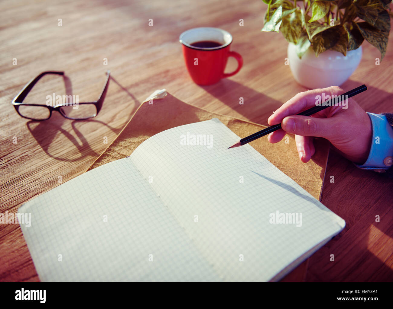Man and Notebook with Copy Space Stock Photo - Alamy