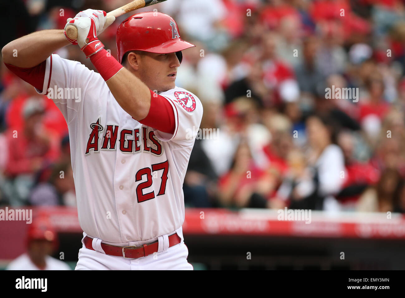 April 23, 2015: Los Angeles Angels center fielder Mike Trout #27 went 0-3  at the plate but did manage a walk and stolen base for the Halos Stock  Photo - Alamy