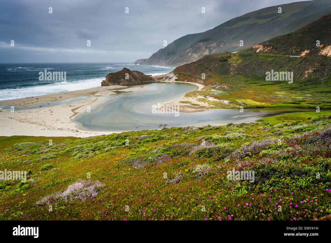 View of the Pacific Ocean and Big Sur River, in Big Sur, California