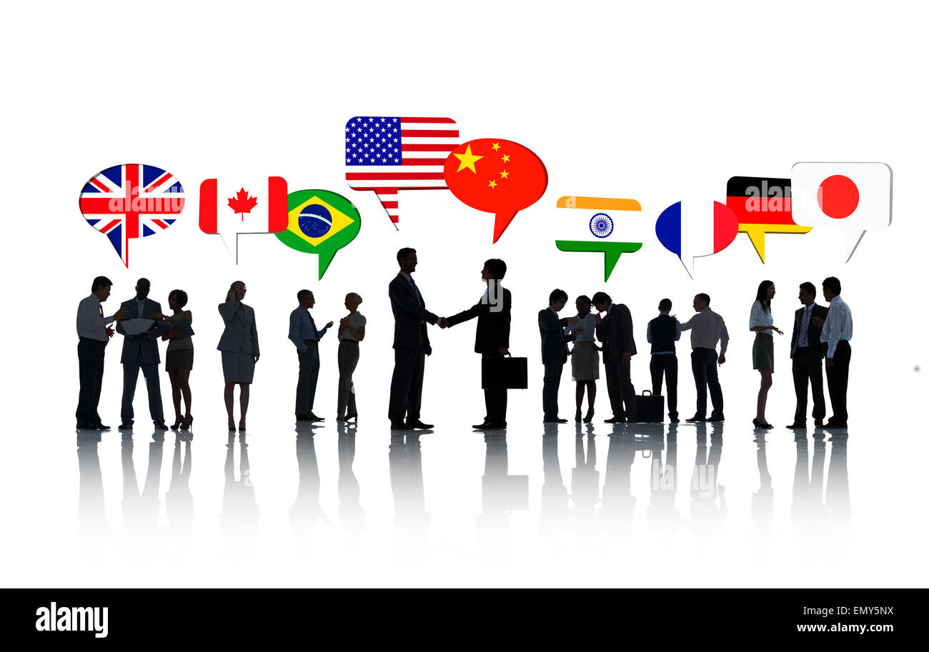 Group Of International Business People Talking To Each Other In A White Background Stock Photo