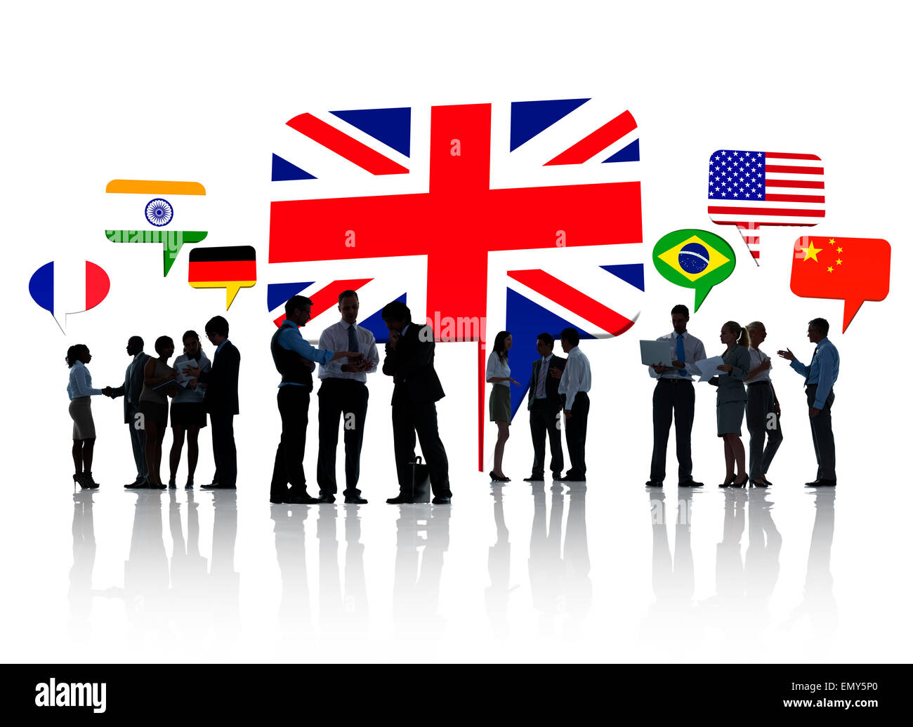 Silhouettes Of Business People Having A Discussion With Each Other And Speech Bubbles With Different National Flags Above Them. Stock Photo