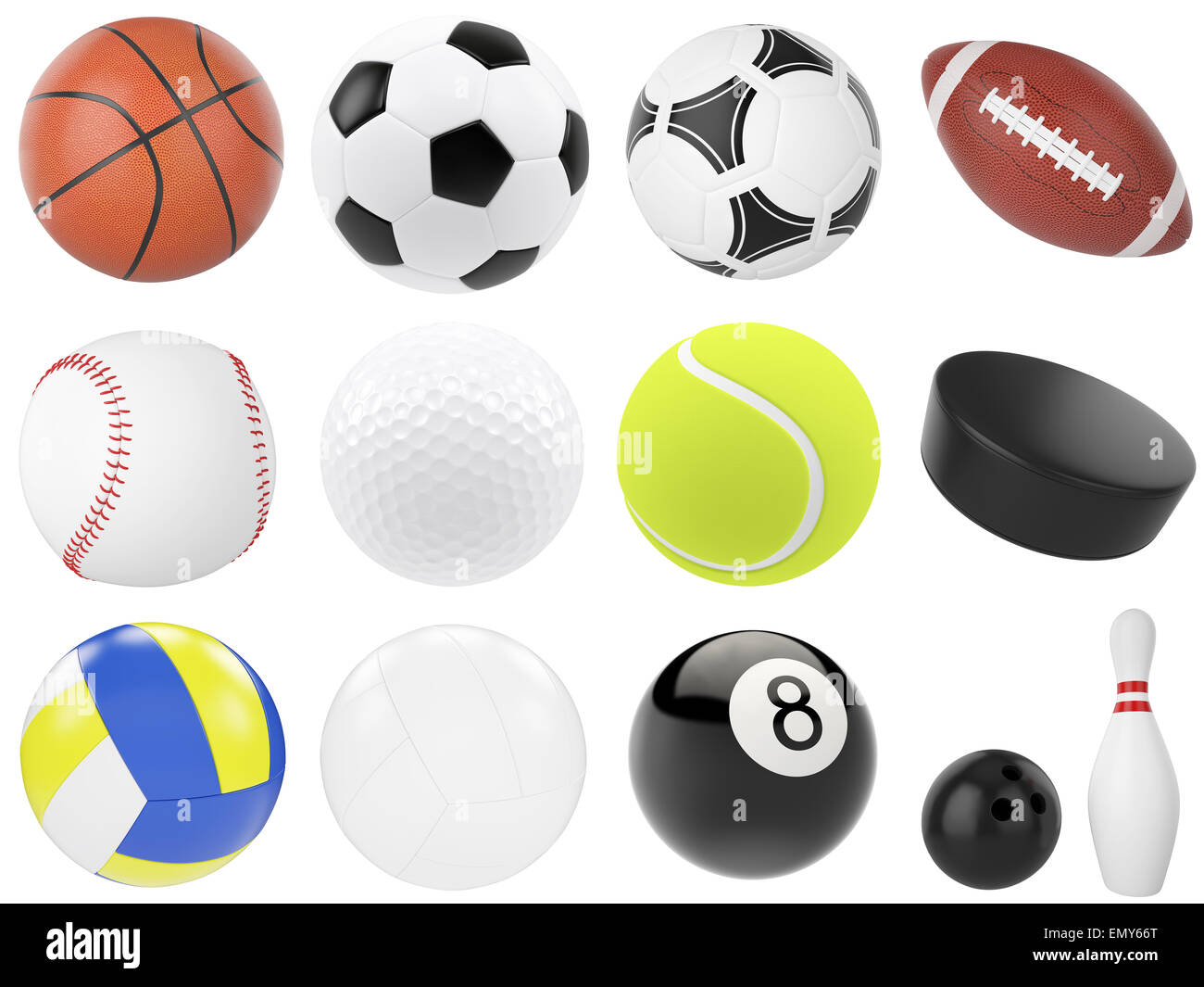 Set of sports balls, soccer, basketball, bowling, rugby, tennis, volleyball, hockey, baseball, billiards, golf, puck. Stock Photo