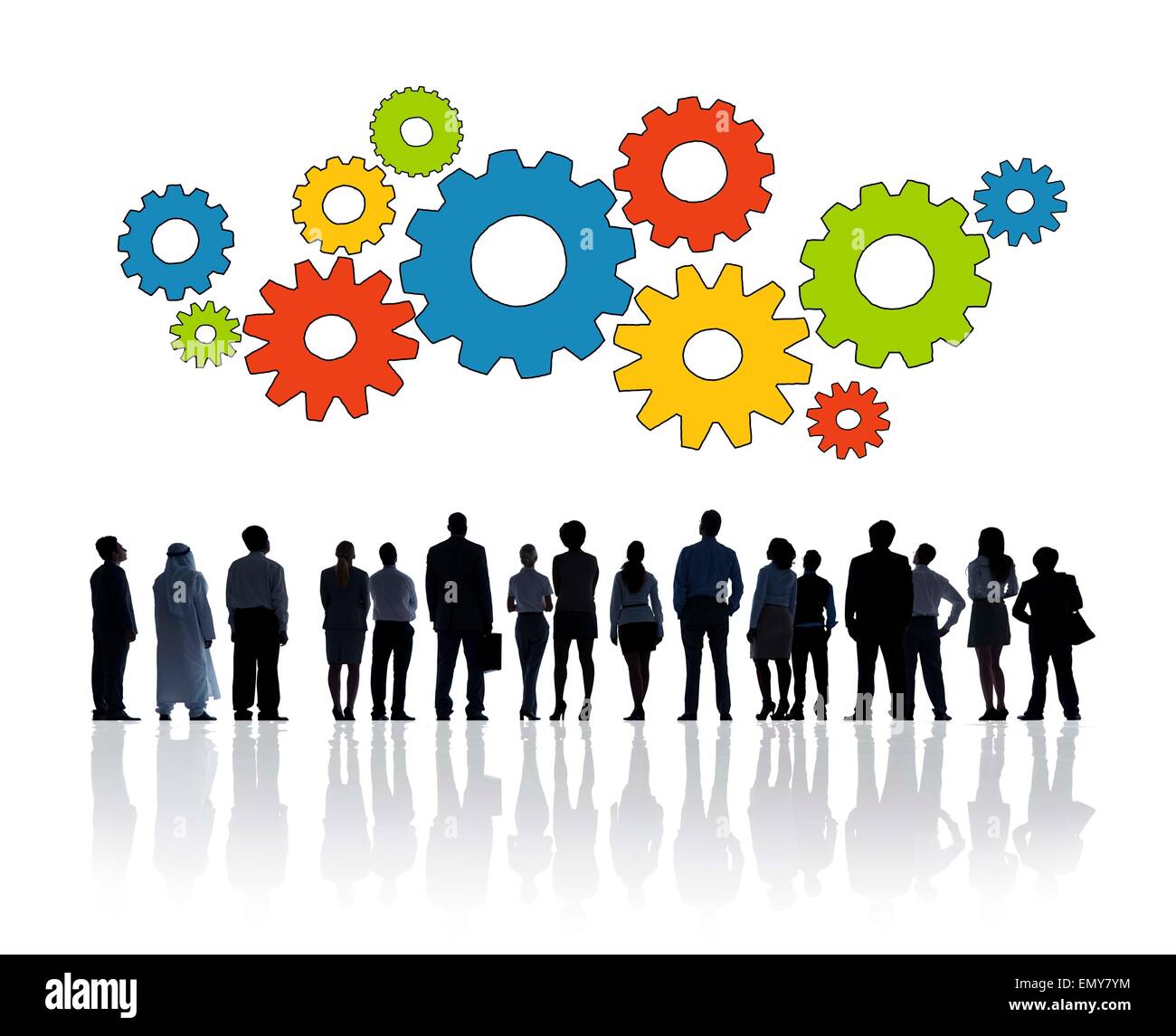 Silhouette Group Of Business People with Gears Stock Photo Alamy