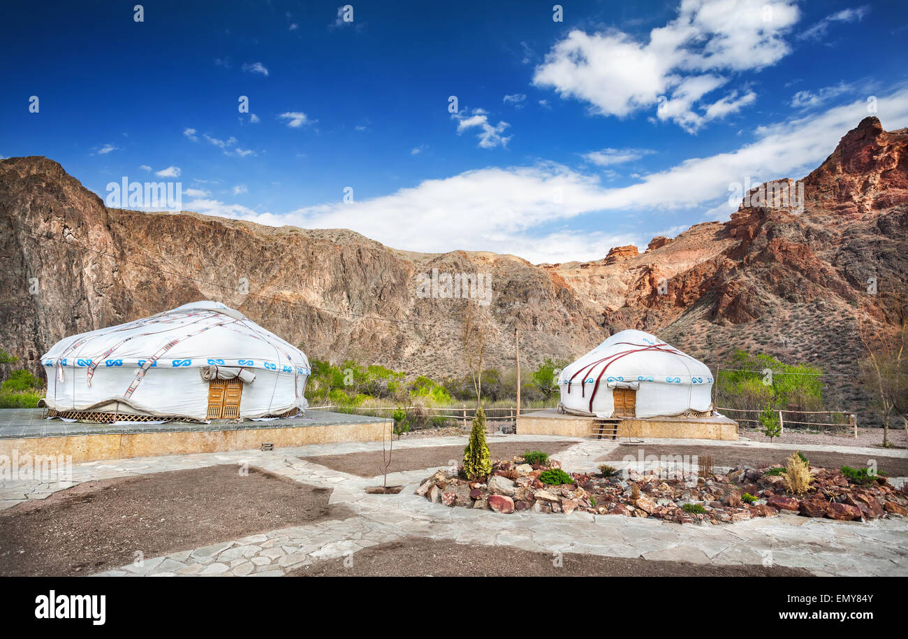 Urta nomadic houses in Charyn grand canyon, Kazakhstan Stock Photo