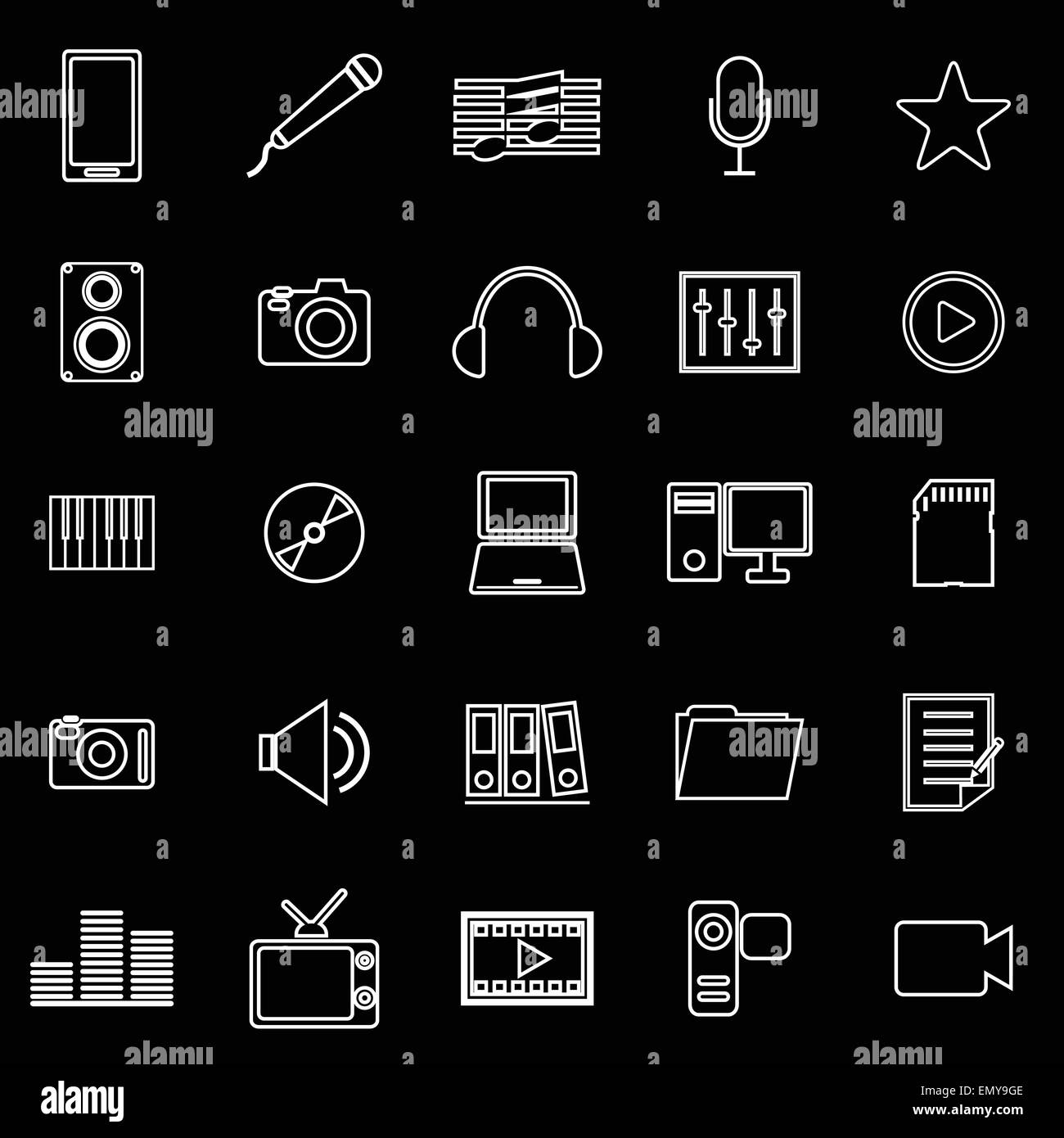 Media line icons on black background, stock vector Stock Vector