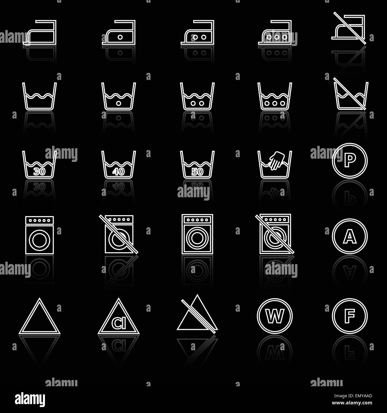 Laundry line icons with reflect on black background, stock vector Stock ...