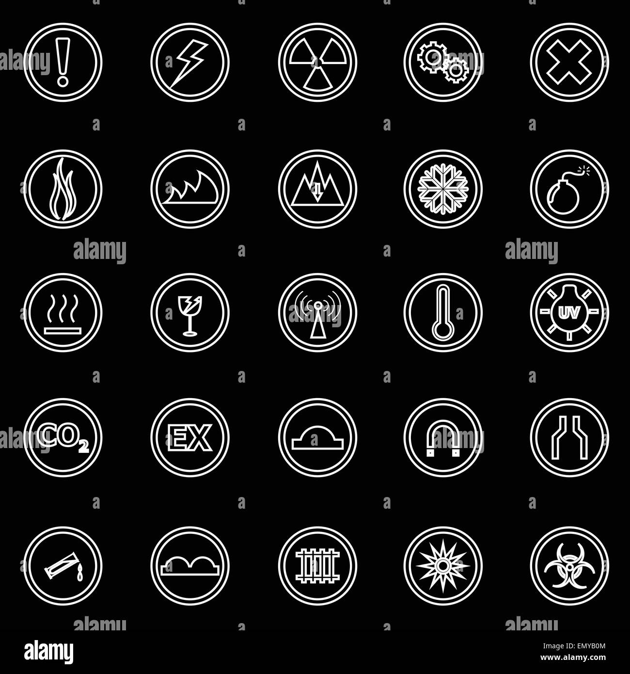 Warning sign line icons on black background, stock vector Stock Vector