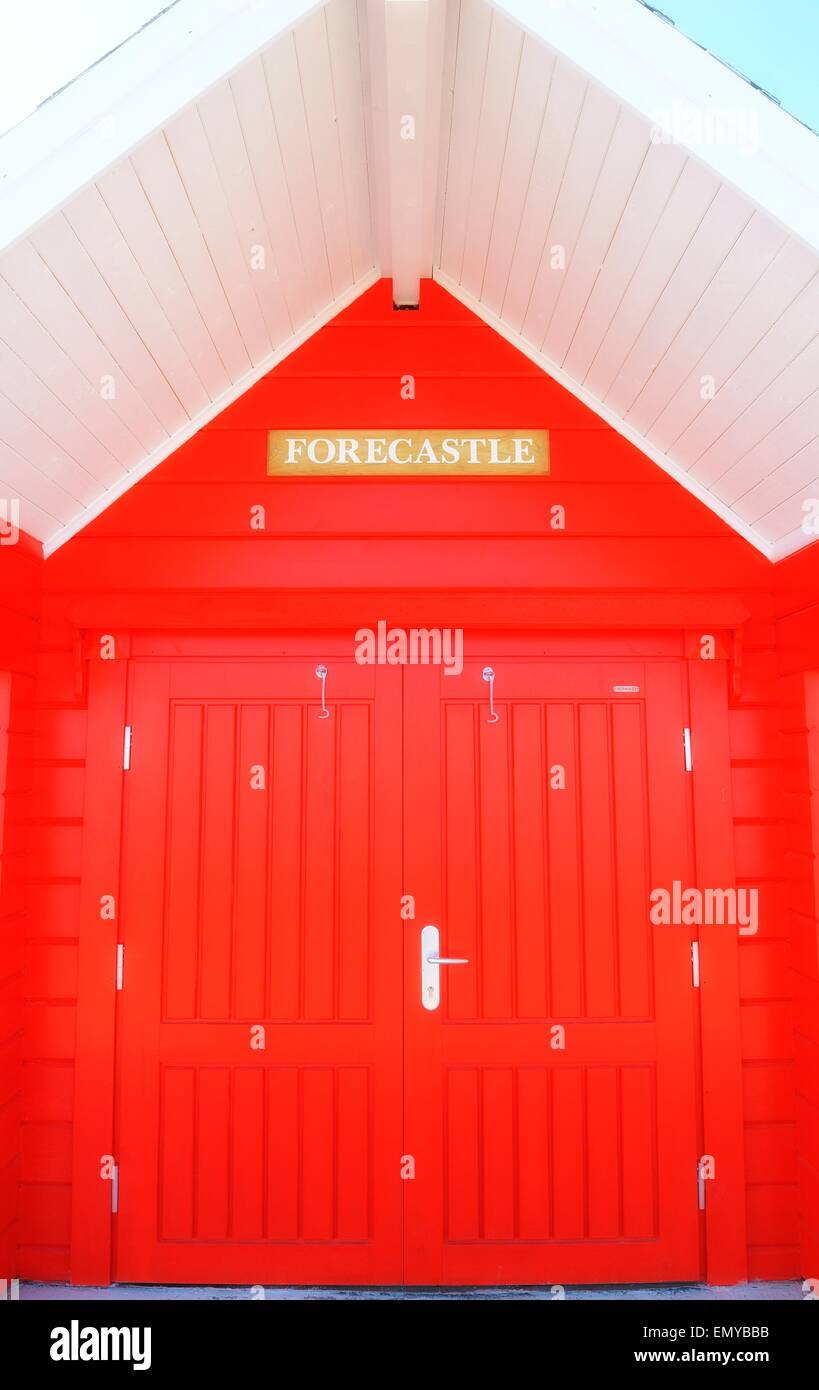 Freshly painted red  beach hut doors Whitby North Yorkshire England UK Stock Photo