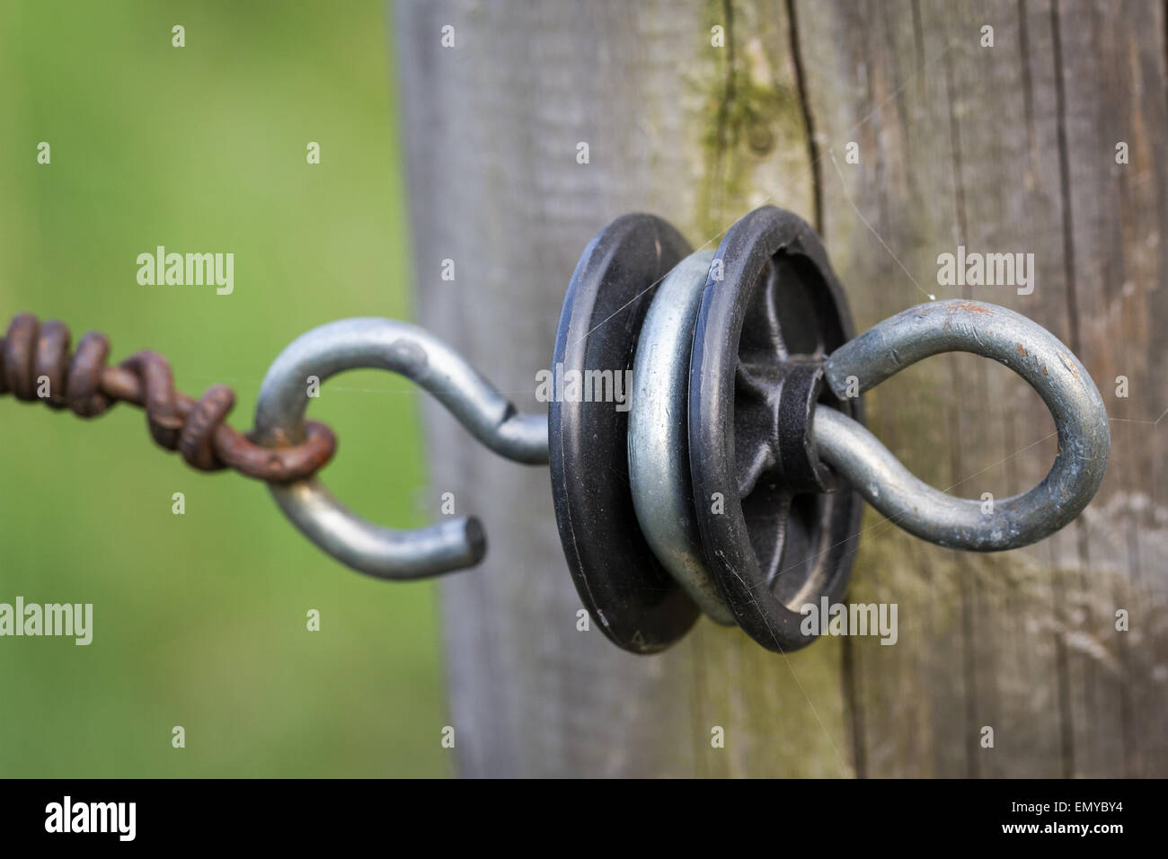 Old electric insulator on a fence post Stock Photo