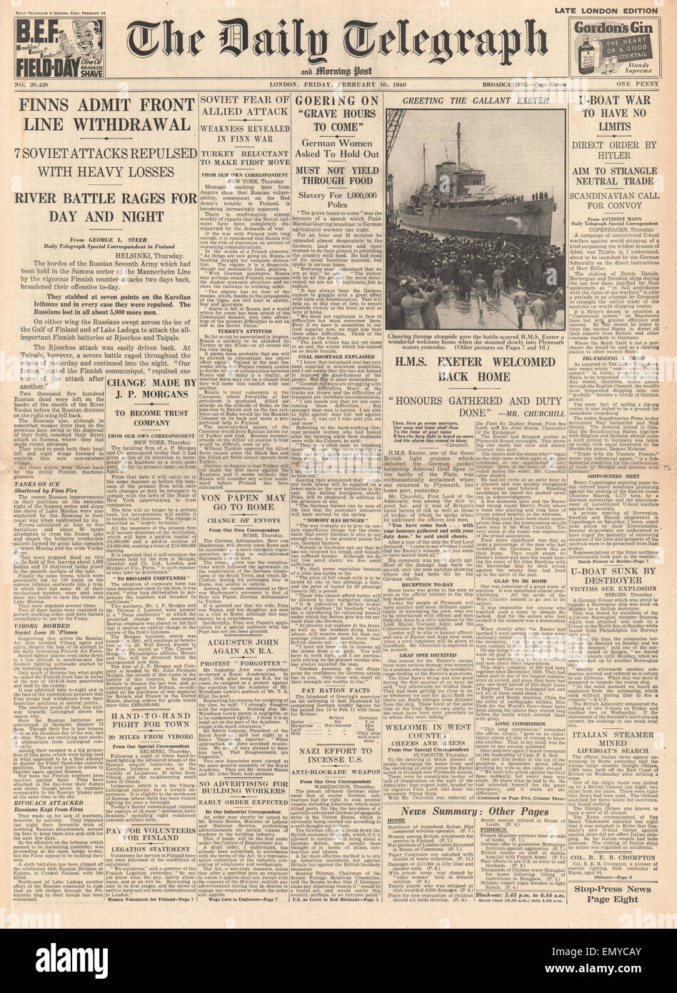 1940 front page Daily Telegraph Finnish withdrawal from front line HMS Exeter arrives in Plymouth on her return from action Stock Photo