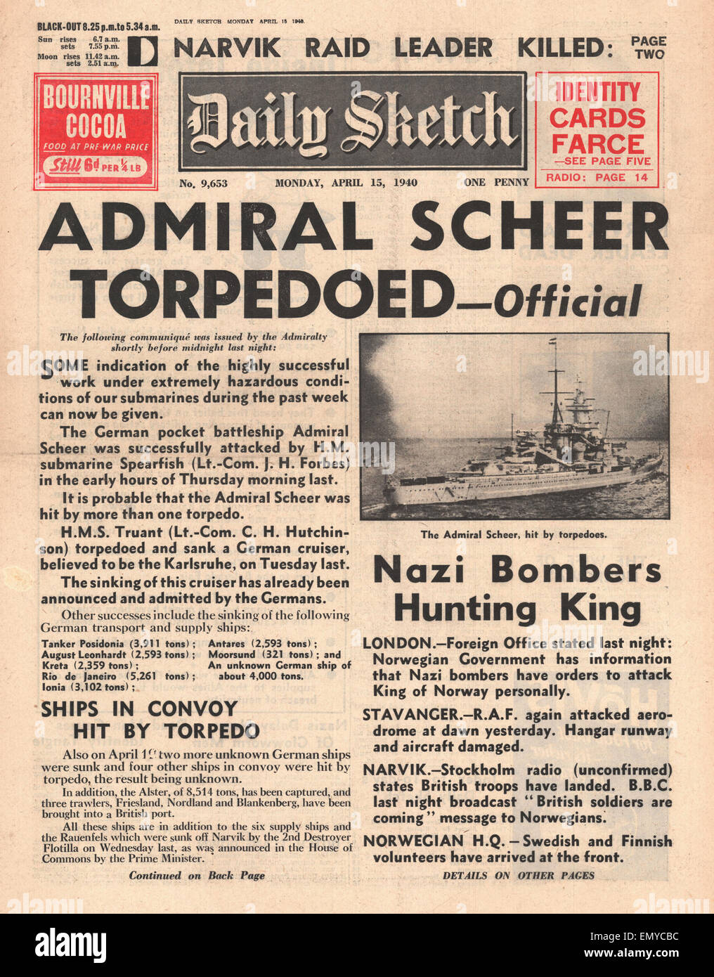 1940 front page Daily Sketch German pocket battleship Lutzow torpedoed damaged by HMS Spearfish. Initial reports wrongly Stock Photo