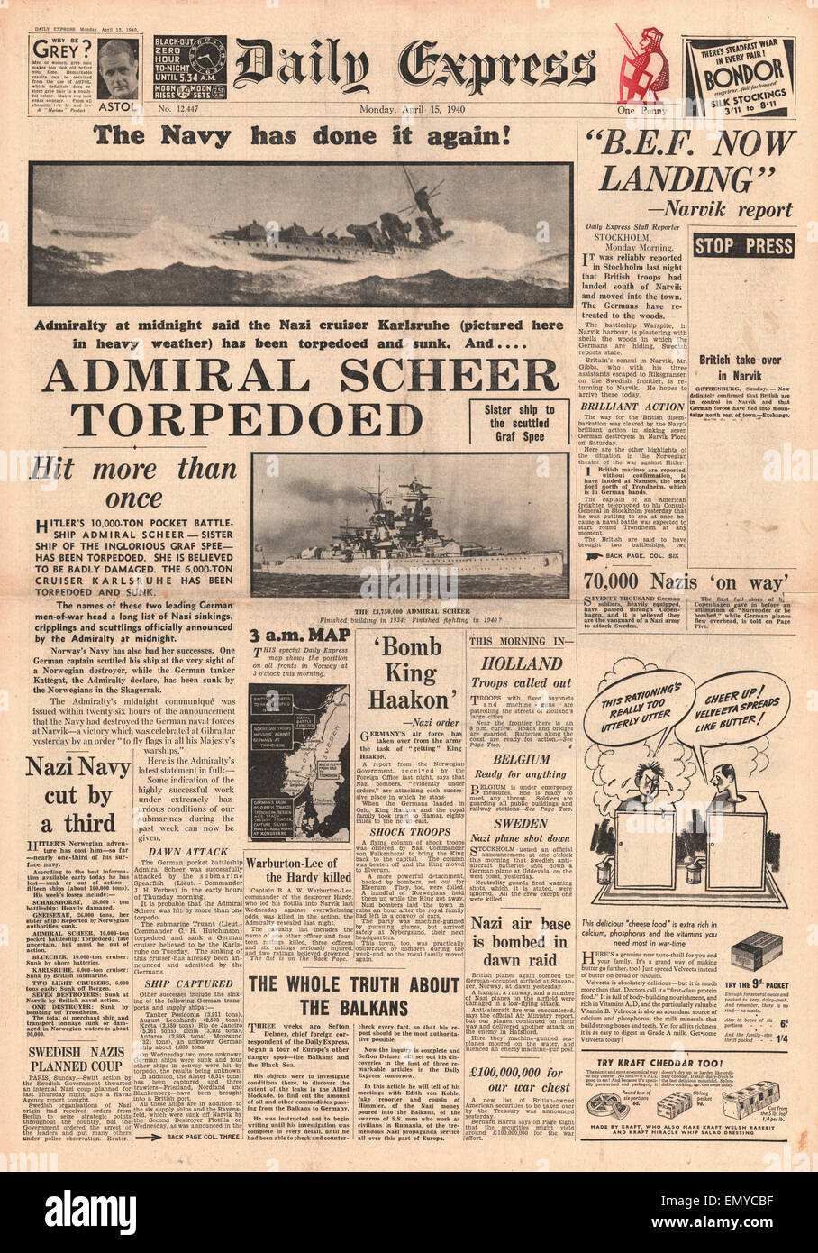 1940 front page Daily Express German pocket battleship Lutzow torpedoed damaged by HMS Spearfish. Initial reports wrongly Stock Photo