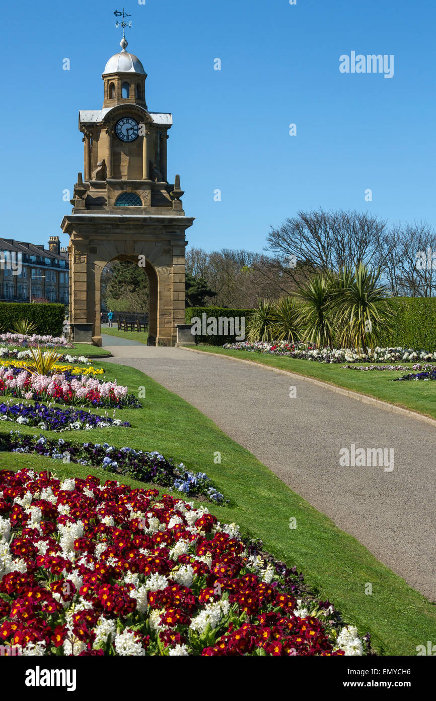 The Esplanade Clock Tower and gardens in Scarborough on the North Yorkshire coast in northeast England. Stock Photo