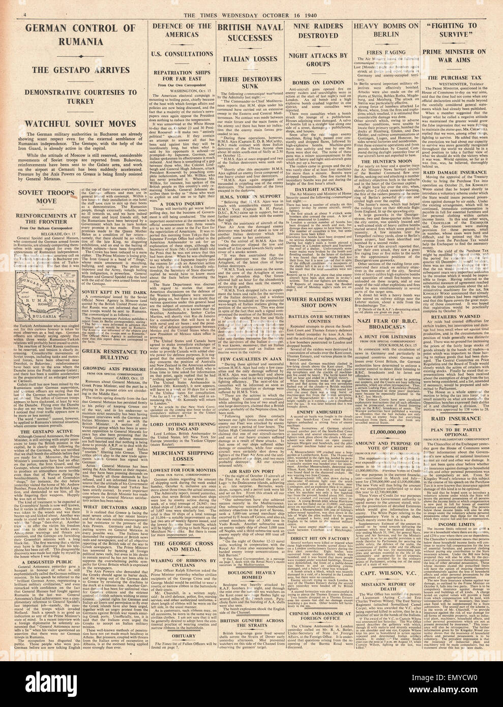 1940 page 4 The Times HMS Ajax sinks Italian Warships Ariel, Airone Artigliere at the battle of Cape Passero, Conscription Stock Photo