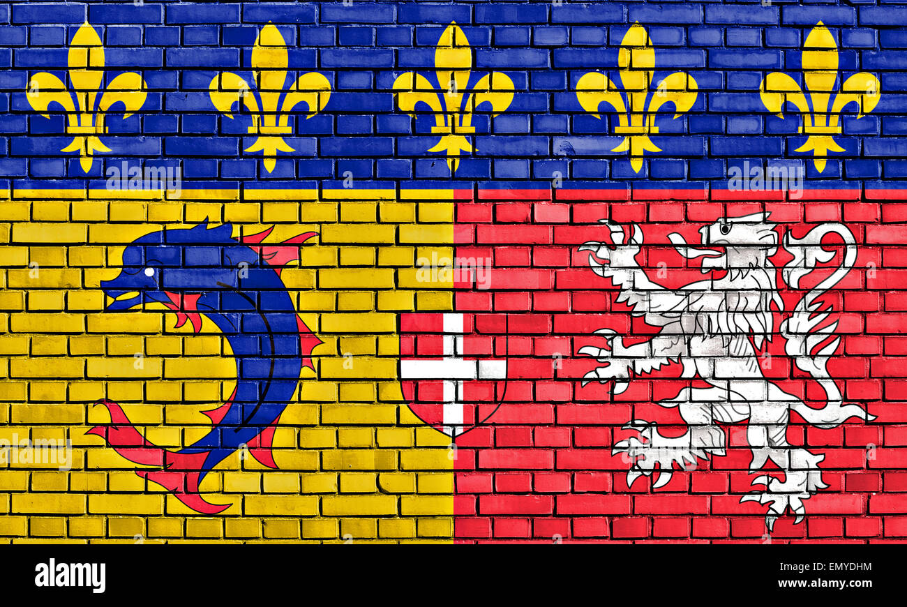 flag of Rhone Alpes painted on brick wall Stock Photo