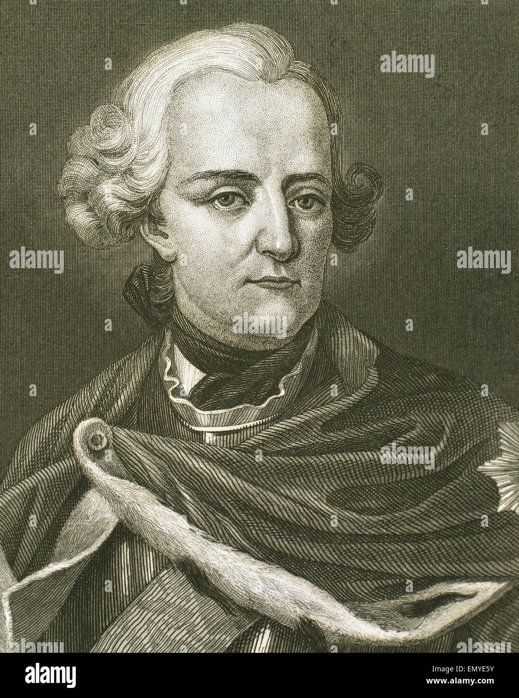 Frederick II the Great (1712-1786).  King of Prusian and Elector of Brandenburg. House of Hohenzolern. Portrait. Engraving. 19th century. Stock Photo