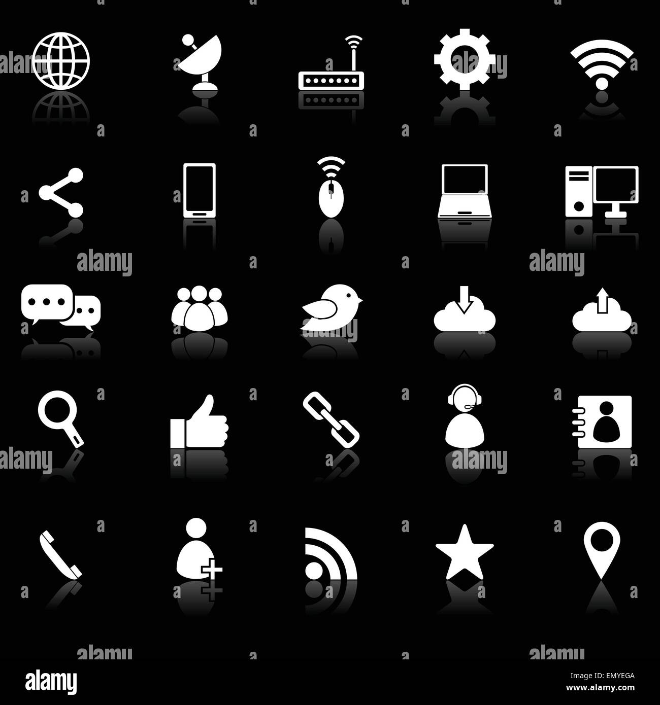 Network icons with reflect on black background, stock vector Stock ...