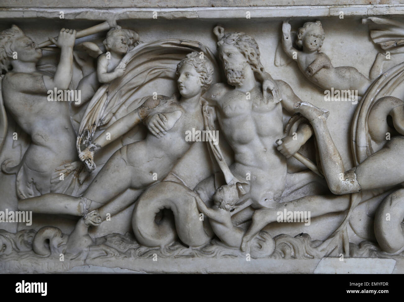 Roman art. Triton Nymph and marine creatures. Flavian era. Octogonal couryard. Vatican Museums. Vatican city. Stock Photo