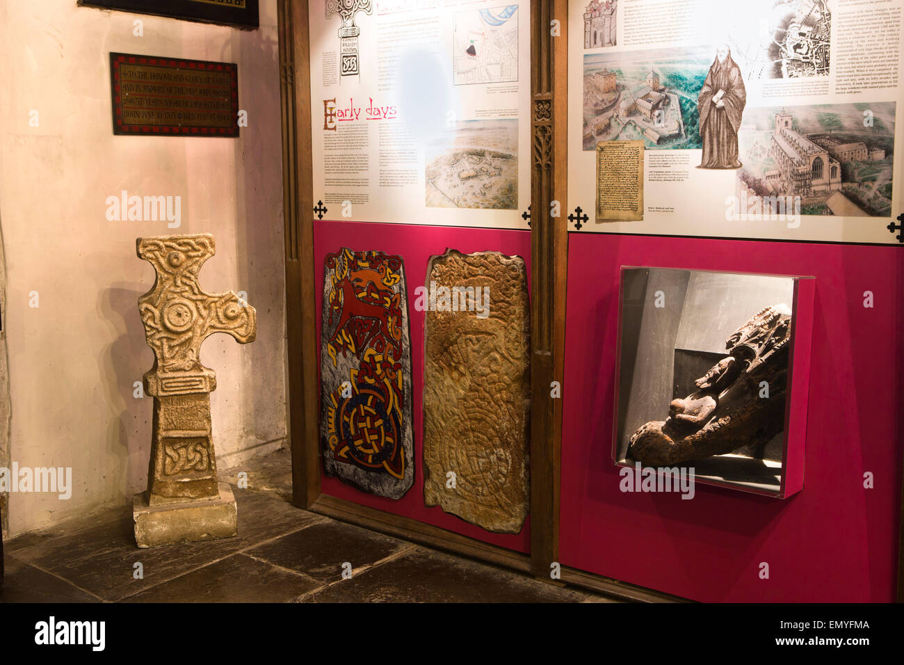 UK, England, Lancashire, Lancaster, St Mary’s Priory Church, Cynibald’s cross replica on display Stock Photo